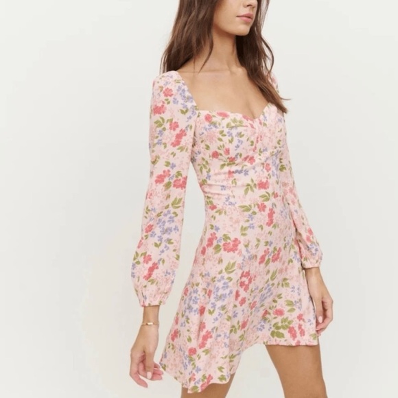 Reformation Pink Floral Square-Neck Mini Dress - Picture 2 of 11